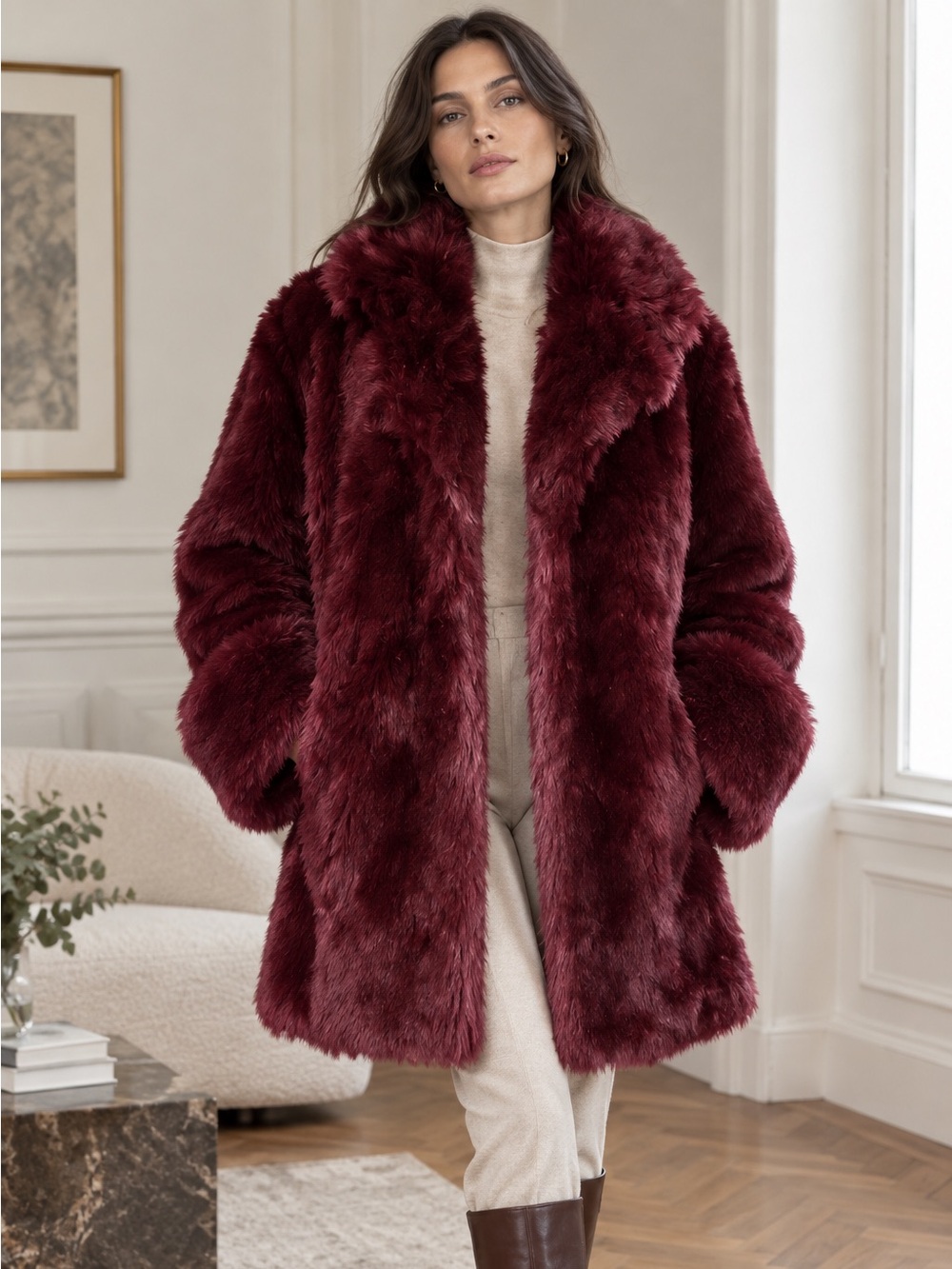 Avec Les Filles Deep Burgundy Faux Fur Jacket